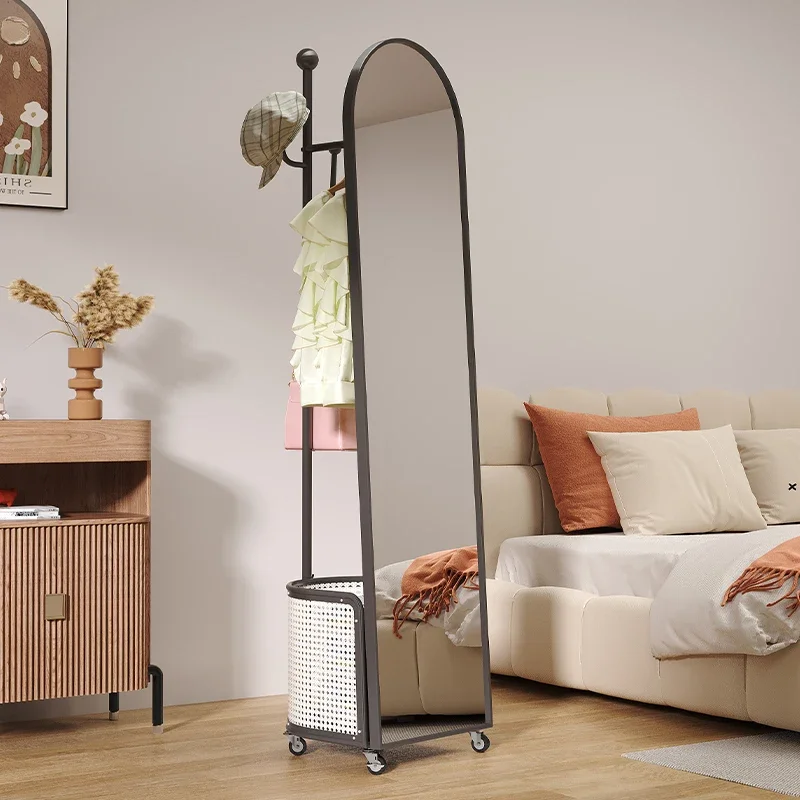 Medieval cream wind full-length mirror movable universal wheel full-length mirror coat rack