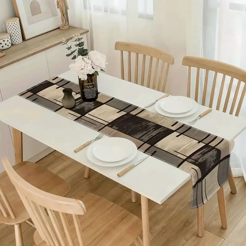 VIKAMA Modern Abstract Table Runner, Machine Washable Neutral Block Line Pattern Table Runner For Dining Table Home Decor