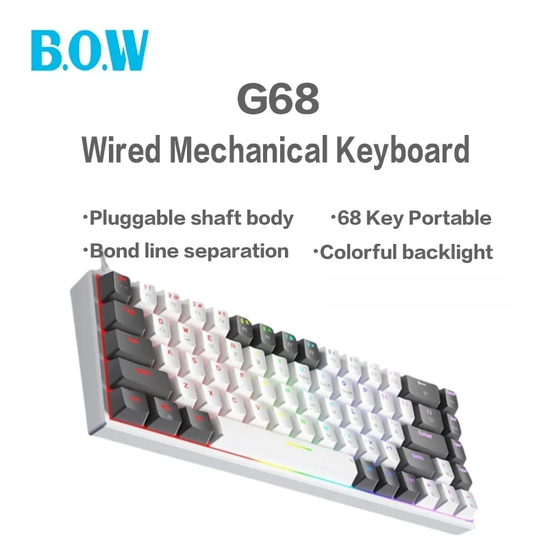 

B.O.W G68 Wired Mechanical Keyboard Gaming Keyboard 68 Key Layout Key Line Separation Full Key Pluggable Axis Colorful Backlight
