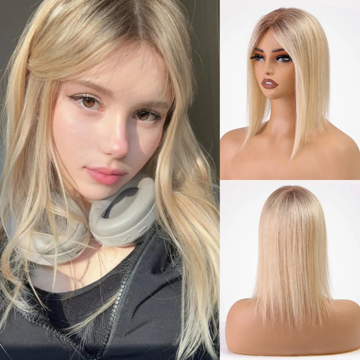 

100% Remy Human Hair Toppers Lase Base Clips in Hair Straight Blonde Human Hairpieces Dark Root Hair Extensions for Women Use