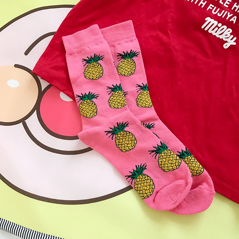 Cute Fruit Pattern Crew Women Socks Cute Kiwi Cow Pineappl Kawaii Happy Funny Green Pink White Mother Gift Yellow Japanese