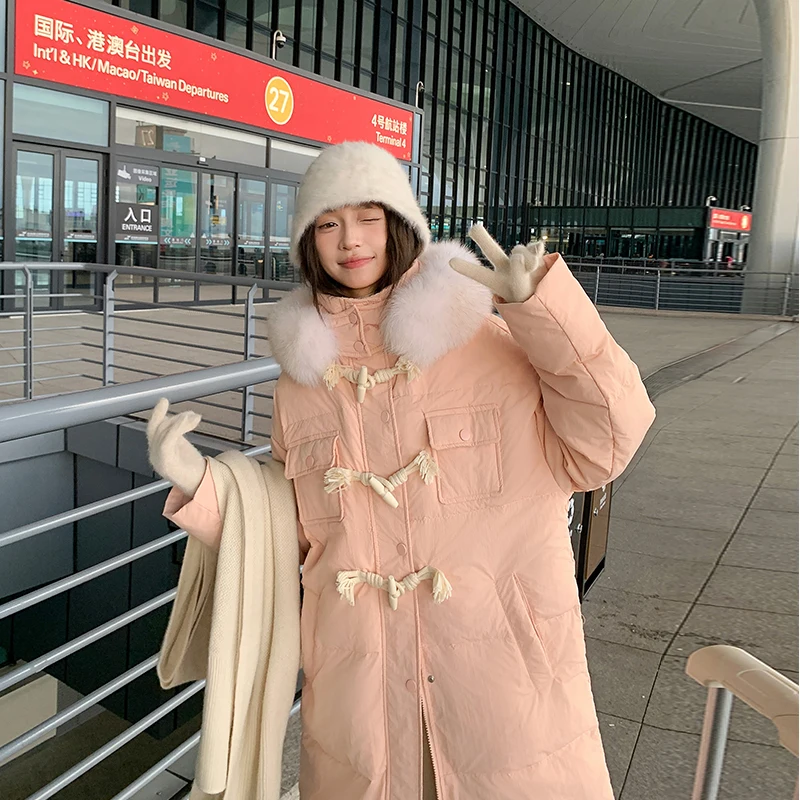 FIGOHR 2024 New Women’s Long Mid-Length Down Cotton Coat with Oversize Fur Collar - Stylish Korean Style Toggle Button Jacket