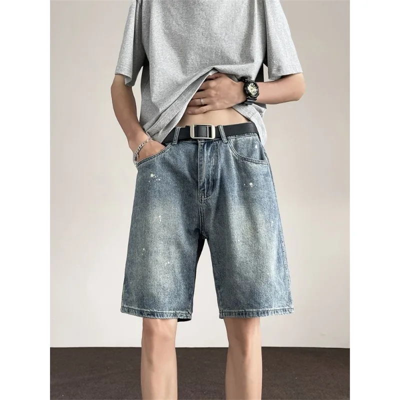 

Men Light Blue Denim Shorts Distressed Loose Fit Knee Length Casual Streetwear Jean Shorts