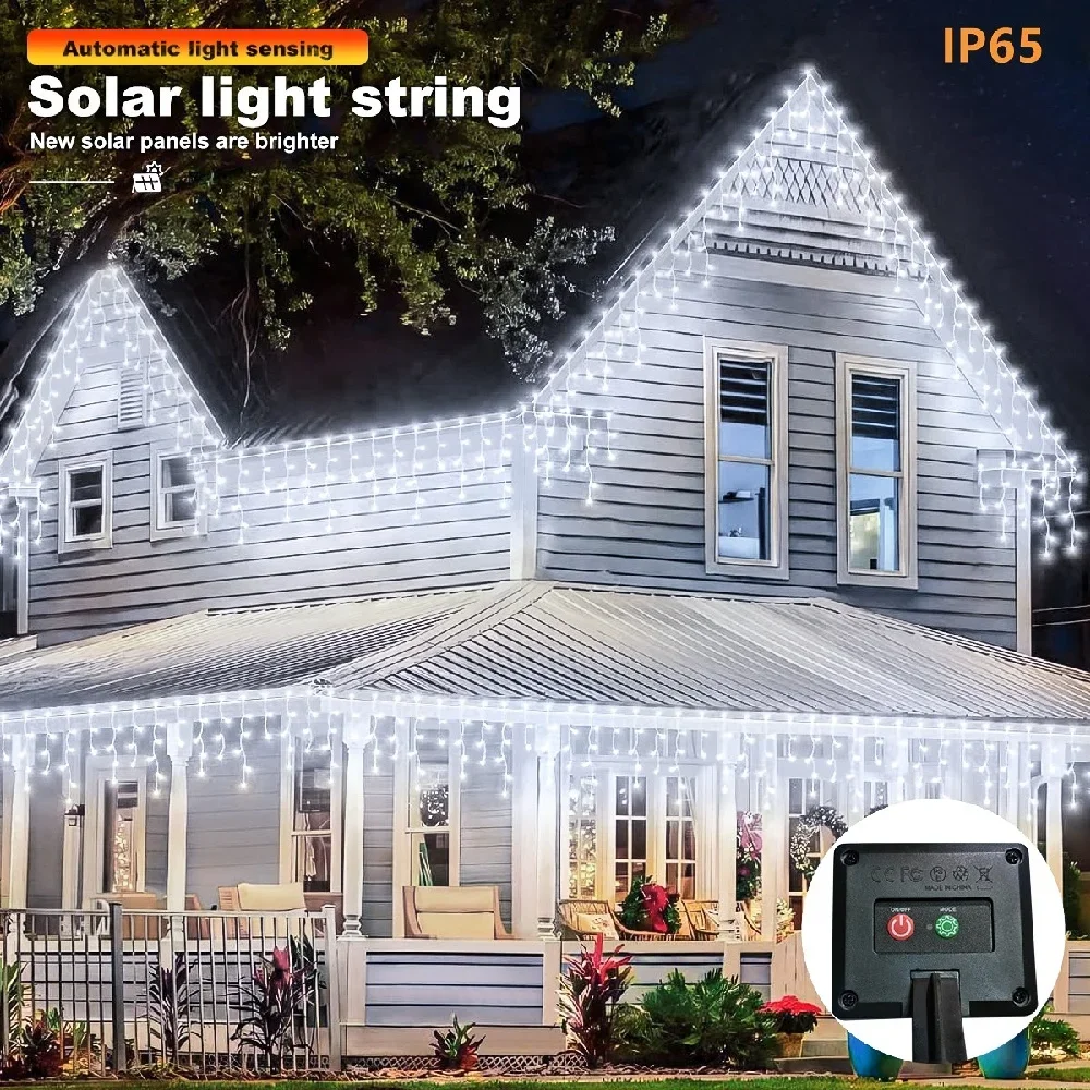 Solar Christmas Icicle Lights Outdoor Waterproof LED Icicle String Lights 8 Modes for Eaves Yard Xmas Holiday Decorations