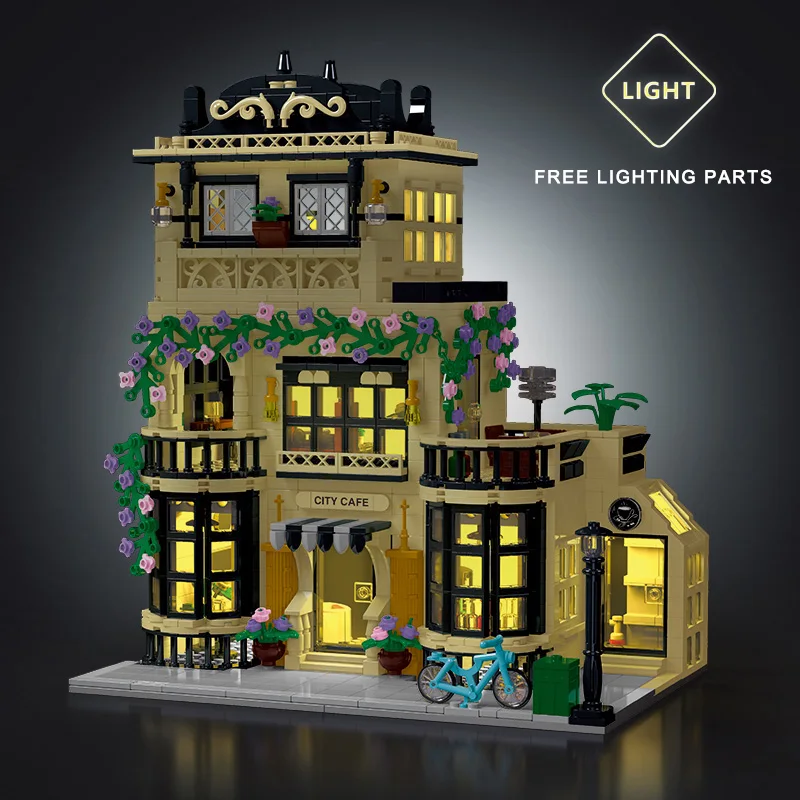 1443-1489pcs Creative City Cafe Light Streetview Building Blocks Bricks Model Sets MOC Modular Architecture Boys Toys Kids Gifts