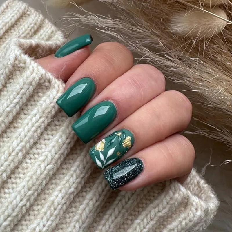 24 pçs de comprimento médio quadrado unhas falsas folhas verdes design unhas falsas com pó de brilho wearable cobertura completa imprensa em dicas de unhas