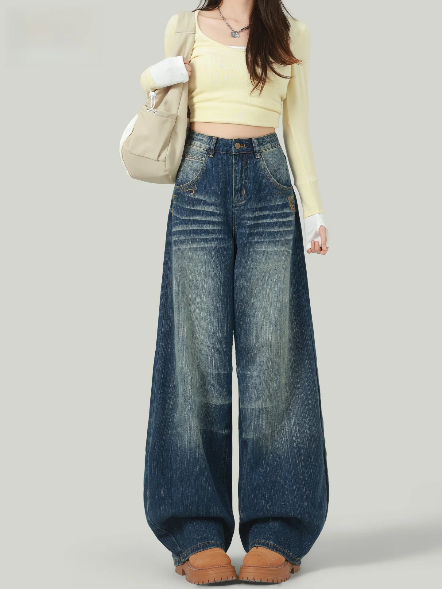 

Женские летние джинсы с высокой талией и широкими штанинами, винтажный дизайн, эффект похудения, длина в пол