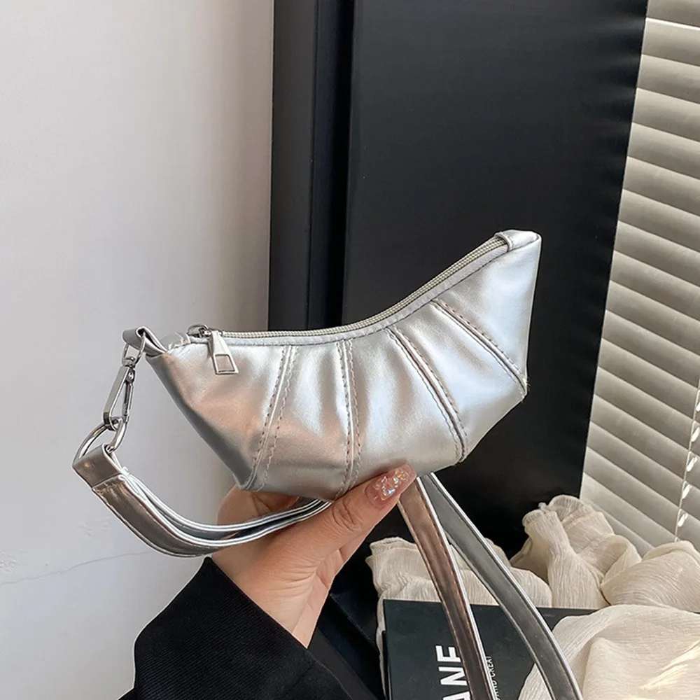 

Portable PU Leather PU Croissant Bag Silver Purse Lanyard Wallet Solid Color Mini Hanging Neck Coin Purse Streetwear