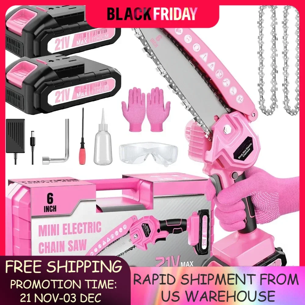 Mini Chainsaw 6-Inch Battery Powered - Pink Cordless Electric Handheld Chainsaw with 2 Rechargeable Batteries 21V Small Power