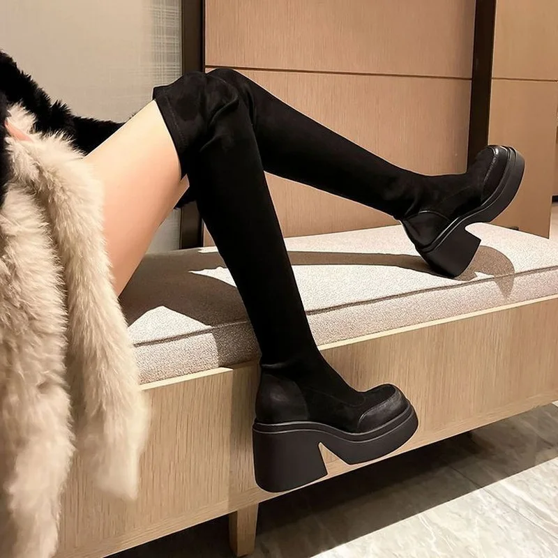 

Chunky Heel Women & Girls Stretch Long Boots Fashion Female Antiskid Soft Leather Shoes Over-The-Knee Rising Boots Size 35-40