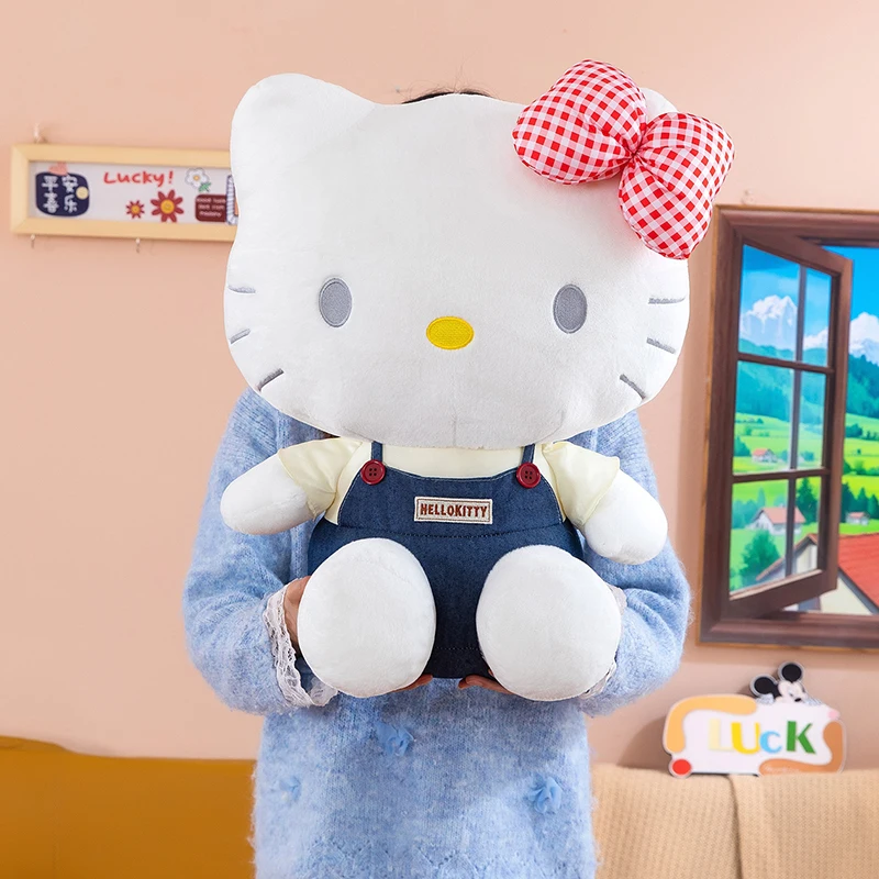 

Sanrio Hello Kitty Plush Toy Cute Red Plaid Bow Denim Overalls Soft Stuffed Doll Kitty Cat Pillow Birthday Gift Home Decoration