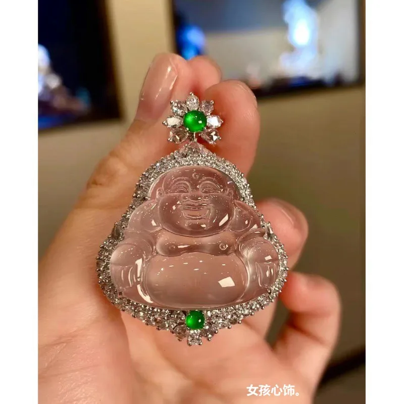 Natural Myanmar Ice-like Jadeite Jade Statue Pendant Men\'s and Women\'s Smiling Buddha Maitreya White I