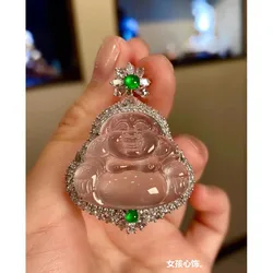 Natural Myanmar Ice-like Jadeite Jade Statue Pendant Men's and Women's Smiling Buddha Maitreya White I