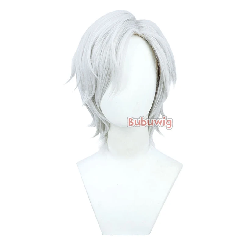 Bubuwig-Peluca de pelo sintético para hombre, pelo corto y liso de 30cm, color blanco y plateado, para Cosplay de Mr.Fox, de camino a ninguna parte, resistente al calor