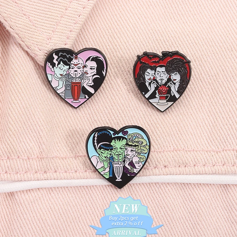 Heart Shaped Horror Character Enamel Pins Mysterious And Strange Three Characters Brooches Backpack Badge Jewelry Bag Accessory