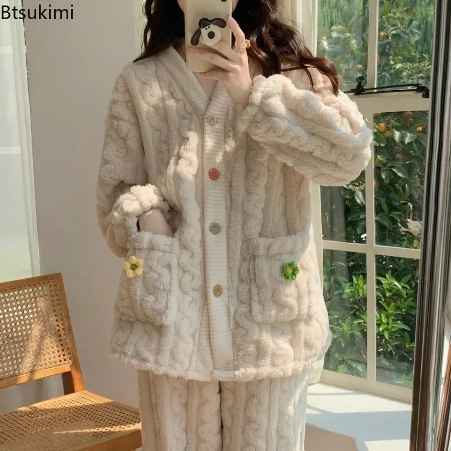 2024 Women\'s Warm Flannel Pajama Sets Autumn Winter Fleece Pajamas Sleepwear Thick Velvet Female Homewear Suit Cute Pijama Sets