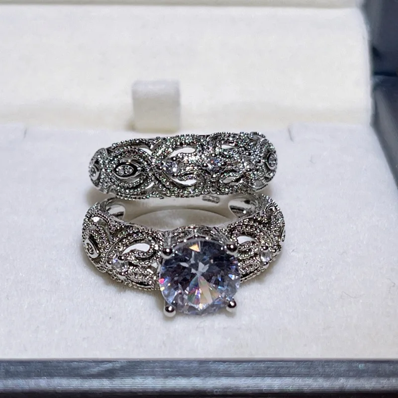 Vintage Elegant Round Bead Hollow out Heart Shaped inlay Diamonds Couple Ring Wedding Engagement Exquisite Lace Ring Jewelry