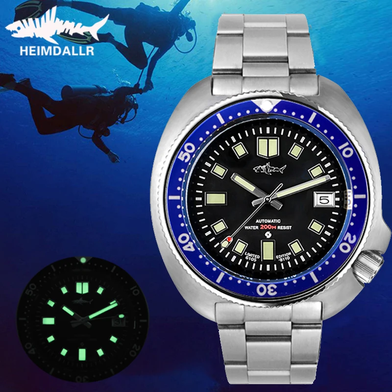 Heimdallr Men Mechanical Dive Watch Sapphire Crystal 200M Water Resistance C3 Luminous Turtle 6105 Men NH35 Automatic Wristwatch