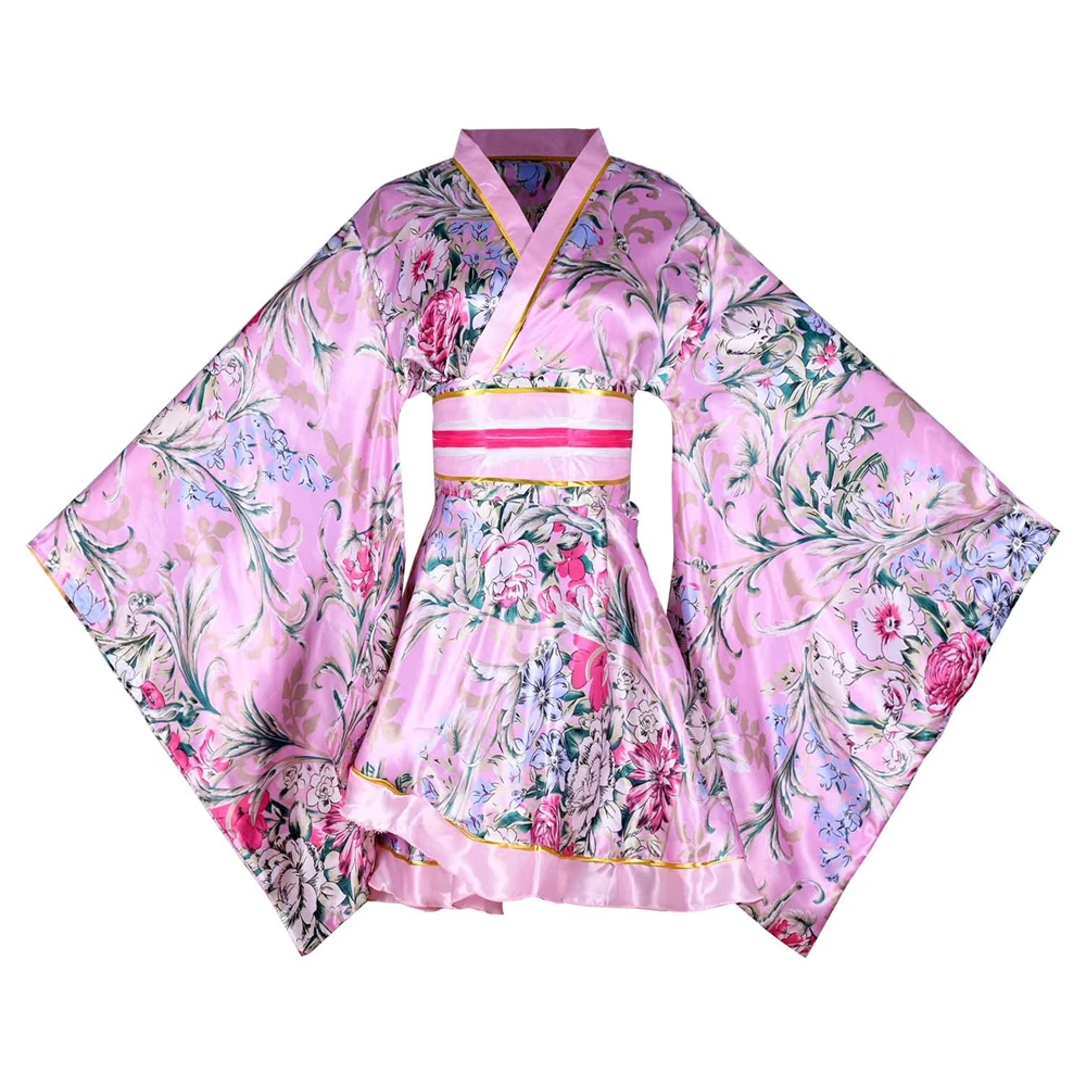 Yukata tradicional feminina com estampa floral, quimono japonês, vestido formal, vestido curto, performance de palco, interpretação de papéis, vintage