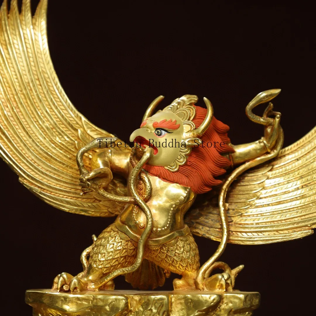 Nepal Tibetan Brass Gilt Painted Garuda Golden-winged Dapeng Bird Statue Ornament Home Buddhist Hall Supplies 32cm