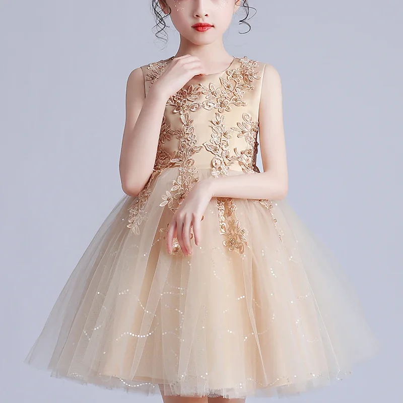 Robe à fleurs pour filles 4-12 ans, vêtements de fête de mariage, robe de princesse à perles, olympiques courts d'été, M683