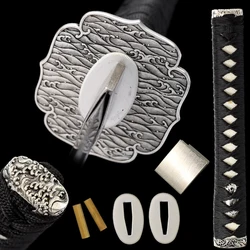 26cm Tsuka Brass Silver Wave Tsuba/Fuchi/Kashira/Habaki/Menuki/Seppa for Japanese Sword Katana Wakizashi Set Accessories Fitting