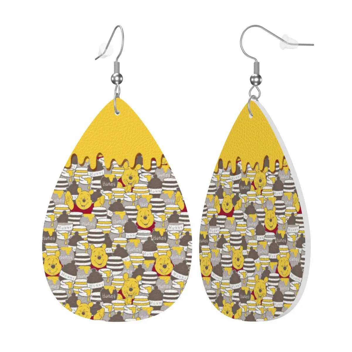 Custom Winnie The Pooh Leather Teardrop Earrings for Women Leather Earrings Fashion Lightweight for Parties Holidays view 2