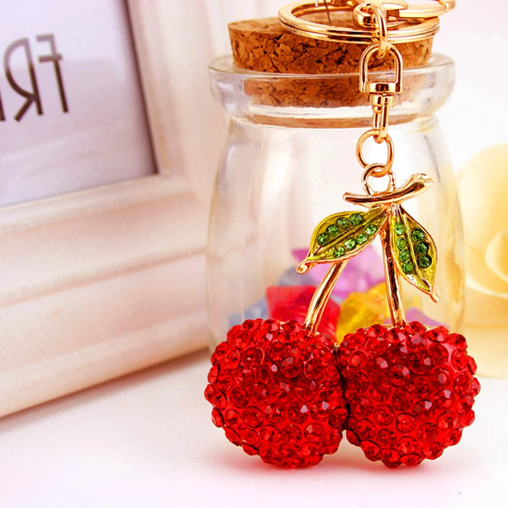 

Cherry Keychain Unique Fruit Shaped Zinc Alloy Crystal Car Keys Bag Purse Decorative Gifts Strong String No Loss