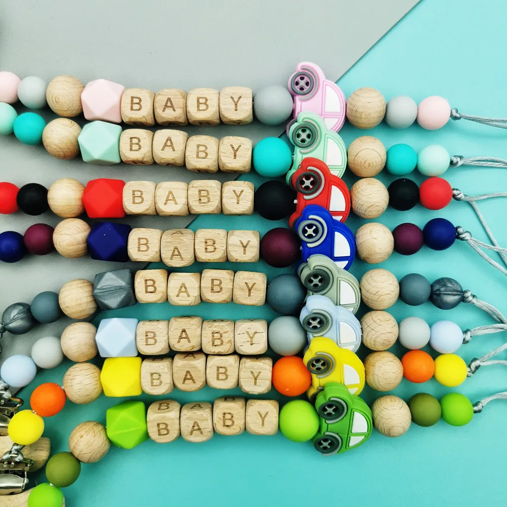 Custom Letter Names Car Baby Pacifier Chains Clips Teether Pendants for Baby Infant Chew Leash Nipple Holder Teether Toys Gifts