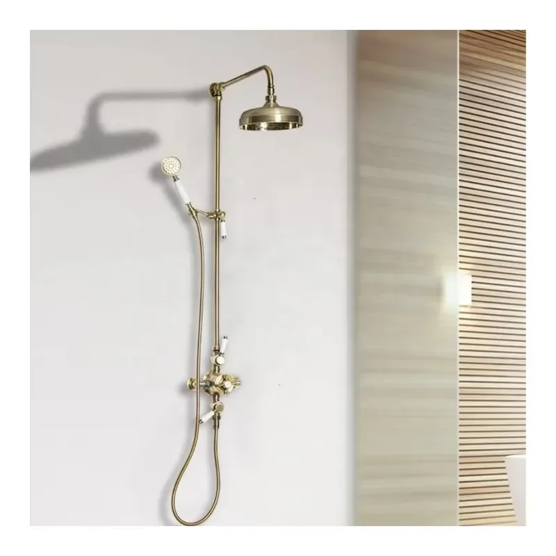Dual Antique Brass Rain Shower Faucet Set Wall-Mounted Chrome Gold Finish Soft Spray for Elderly Children for Hotel