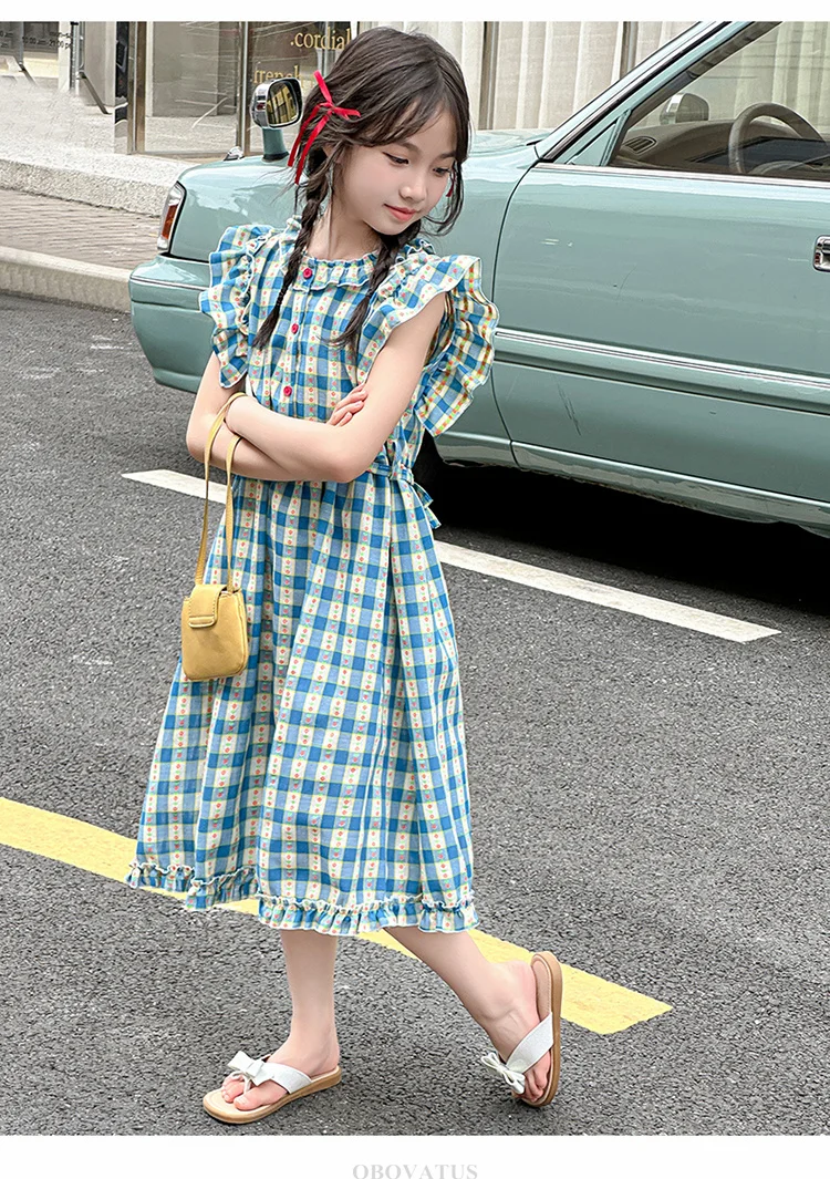 Preppy-Stil Kinder Babyblau Kariertes Kleid mit Blütenärmeln für Mädchen A-Linien-Schulkleider für Teenager Neue Sommerkleidung – Detail 9