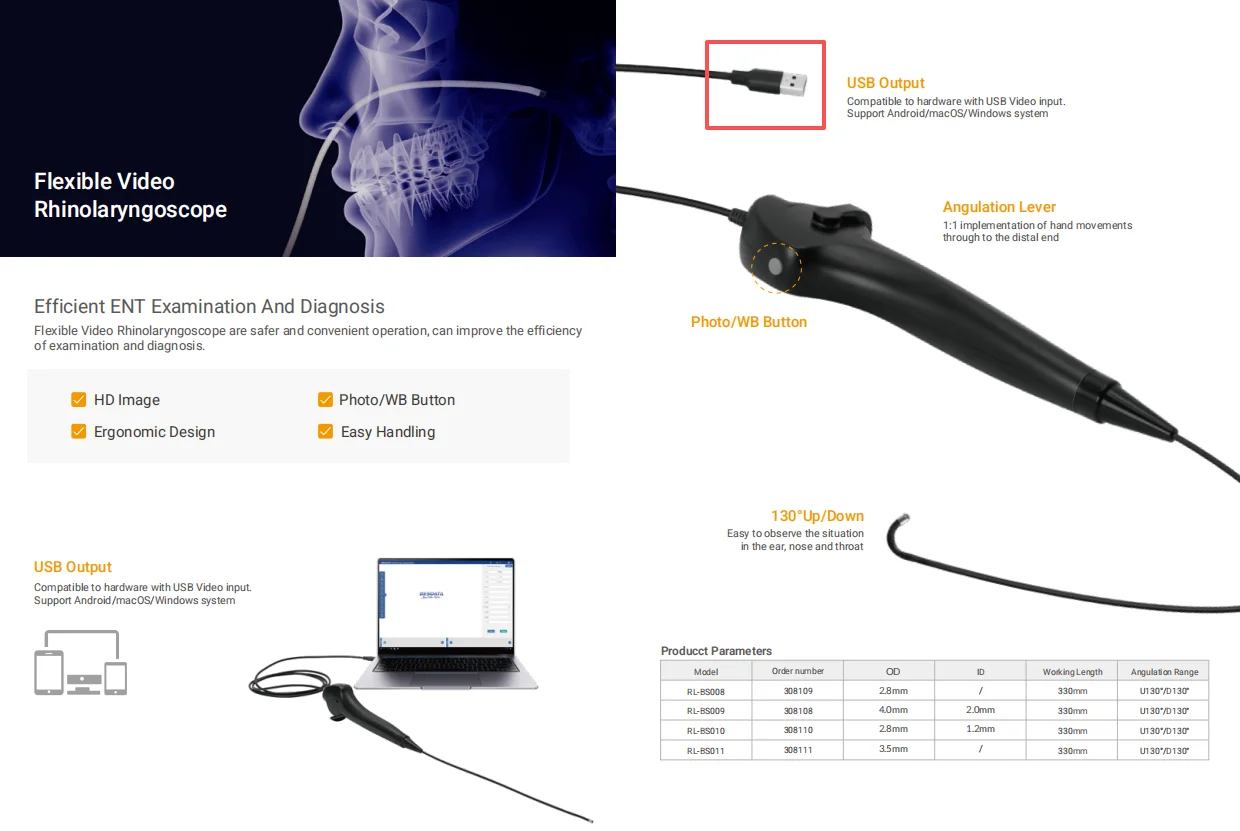 USB Cable Fiberoptic Bronchoscope Rhino LaryngoscopeReusable Disposable Portable Flexible USB Ent Video