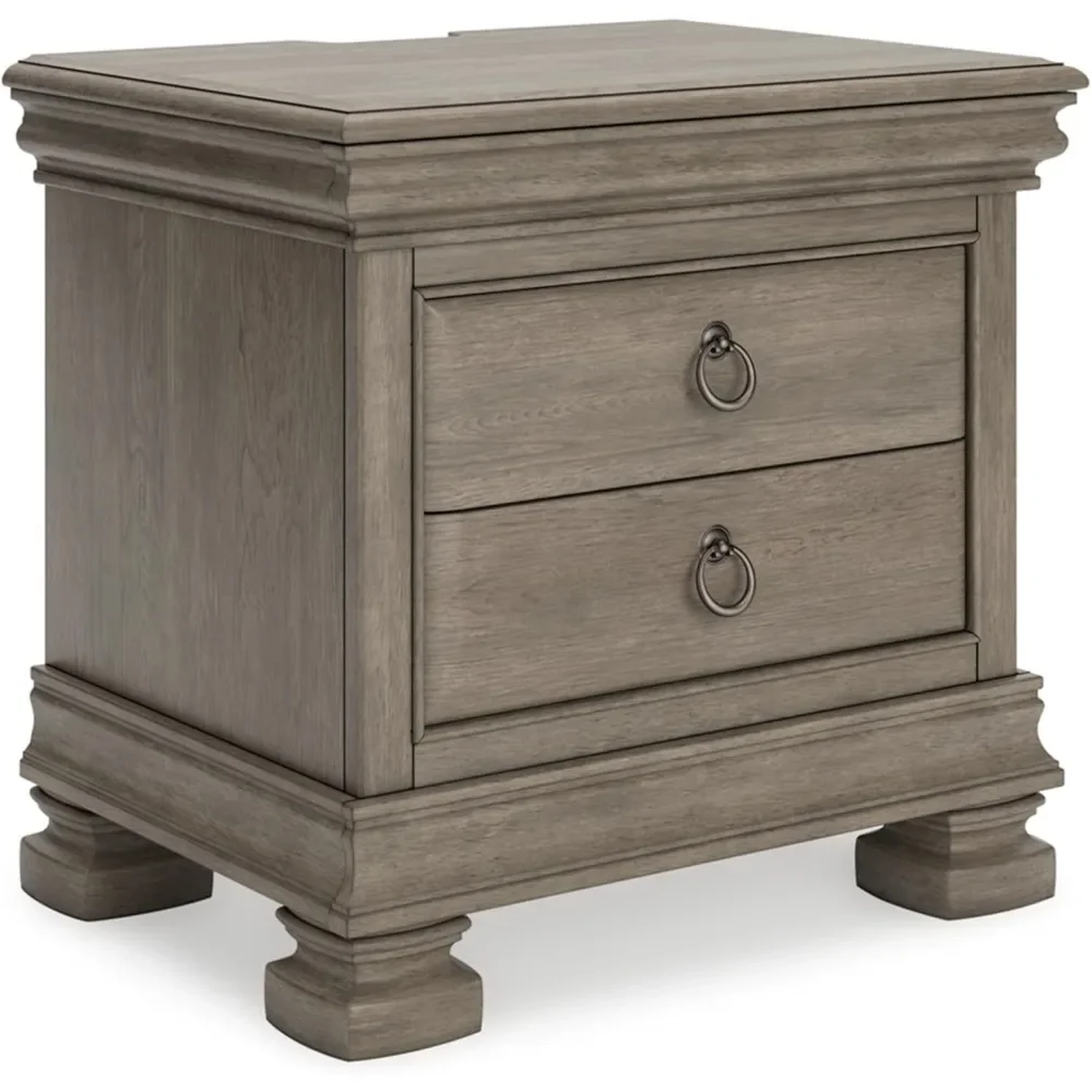 by Ashley Lexorne Classic 3 Drawer Nightstand with Power Supply and USB Ports, Light Gray