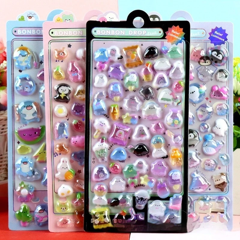 

3D Stereo Night Glow Relief Crystal Stickers Cute Animal Baby Handmade Reward Stickers Children Cartoon Decals Office Supplies