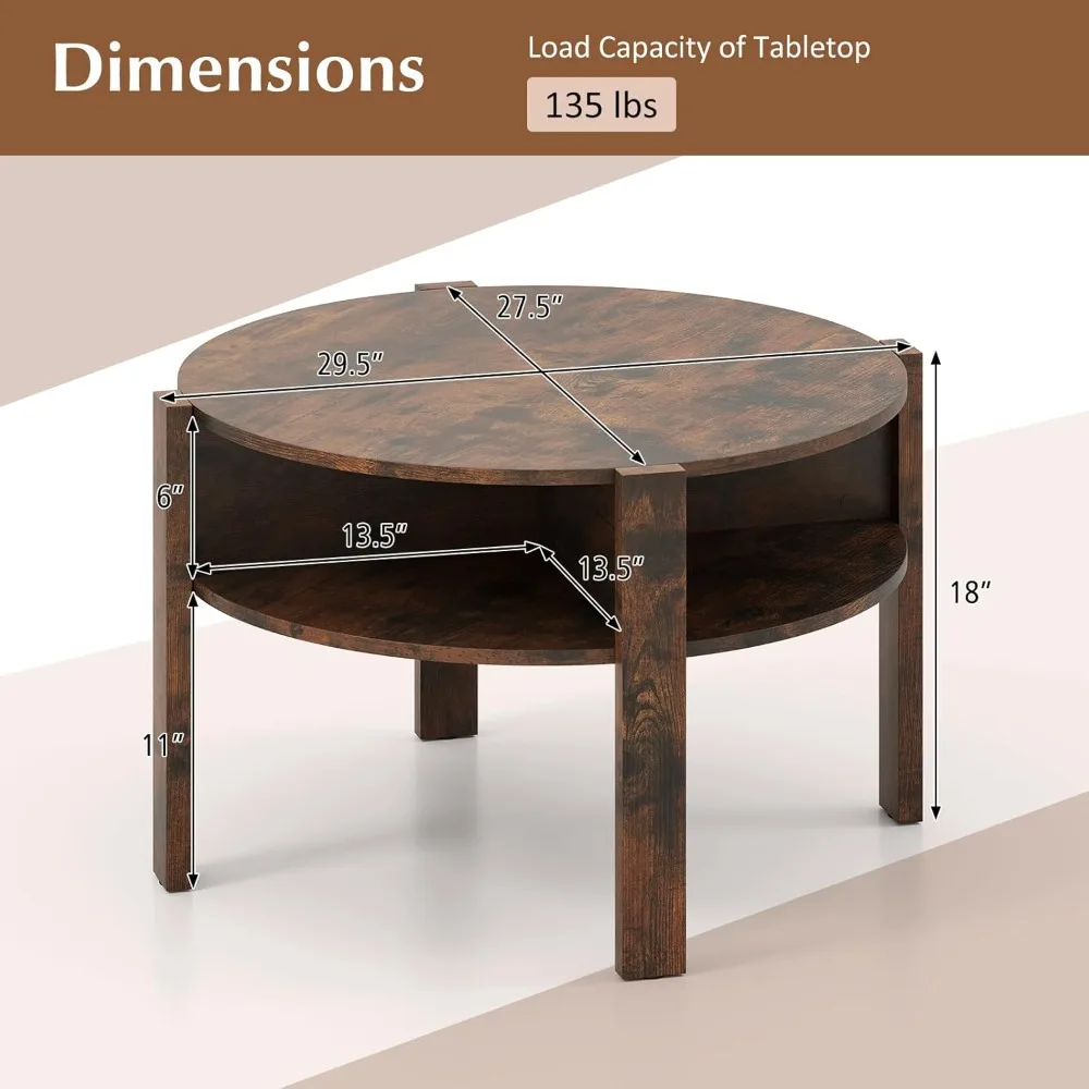 Round 2-Tier Coffee Table with Storage Shelves, 29.5 Diameter, Ideal for Small Living Spaces