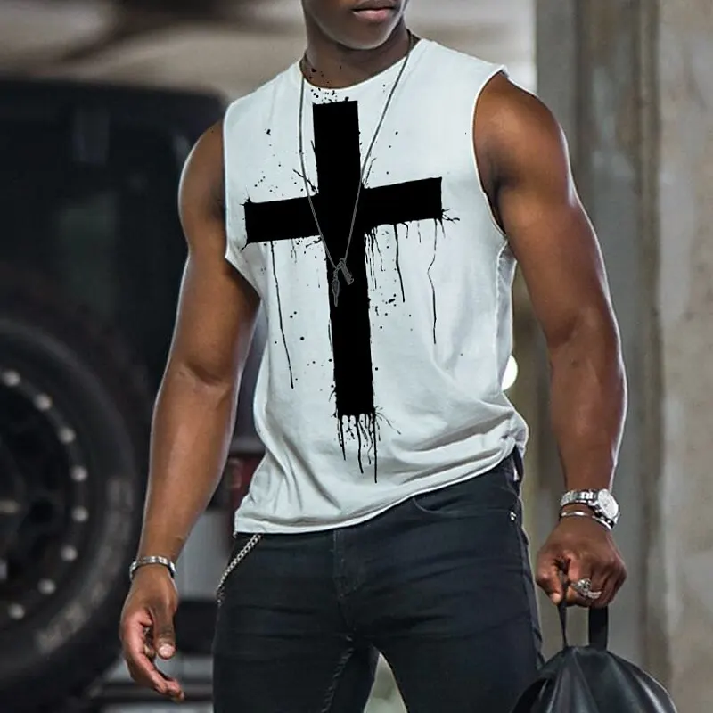 

3D Print Black Cross Pattern Men's Sleeveless T-Shirt Fashion Cool Street Harajuku Style Vest Tees Oversize Sweat Absorbing Tops