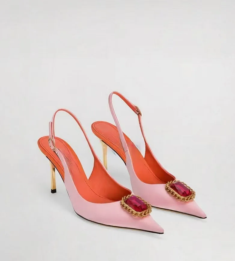 

New Spring/Summer Women's Pink Satin Slingbacks Ruby-Embellished Pointed Toe Metal Heel Ankle Strap Beaut Party High Heel Pumps
