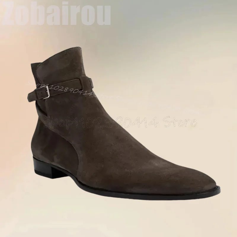 Brown Buckle Decor Flock Chelsea Ankle Boots Fashion Slip On Men Boots Luxurious Handmade Party Banquet Office Men Casual Shoes