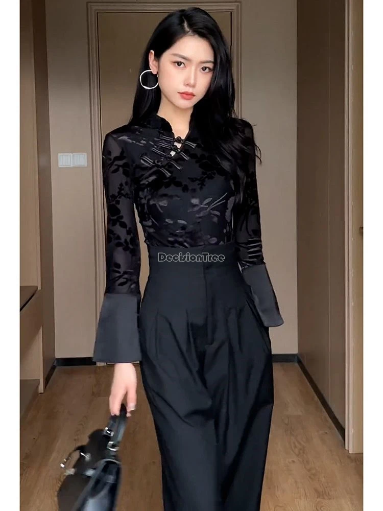 2024 spring new chinese style women slimming qipao top improved cheongsam shirt fashion sexy black long sleeve lace blouse w362