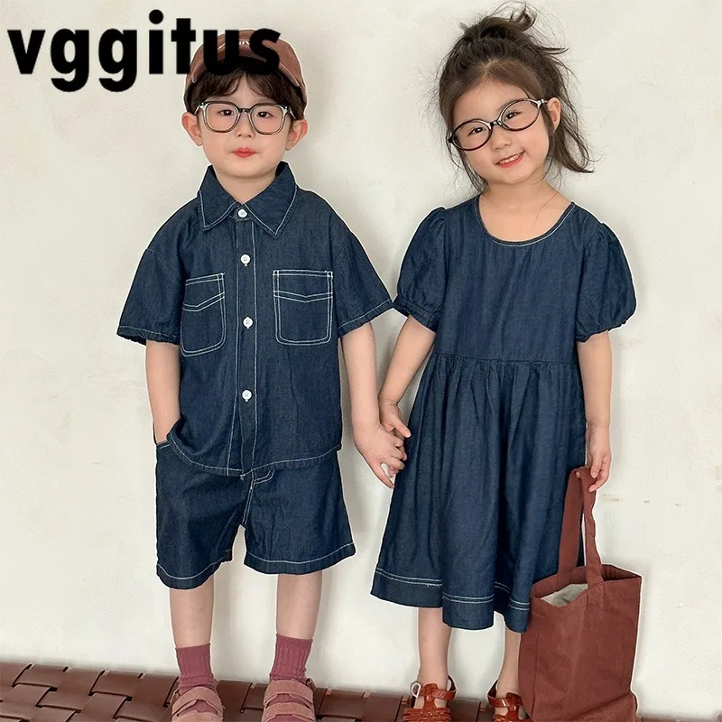 

Семейная джинсовая одежда Brother Sisters на лето, рубашки с короткими рукавами для мальчиков + короткие джинсы, платье с пышными рукавами для девочек, детская одежда H50235