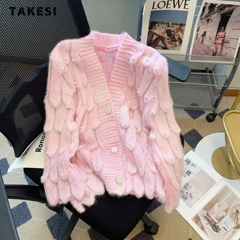 Women Luxury Sweet Pink Knitting Long Sleeve V-Neck Cardigans 2023 Winter Elegant Casual Single Breasted Fairy Solid Sweater