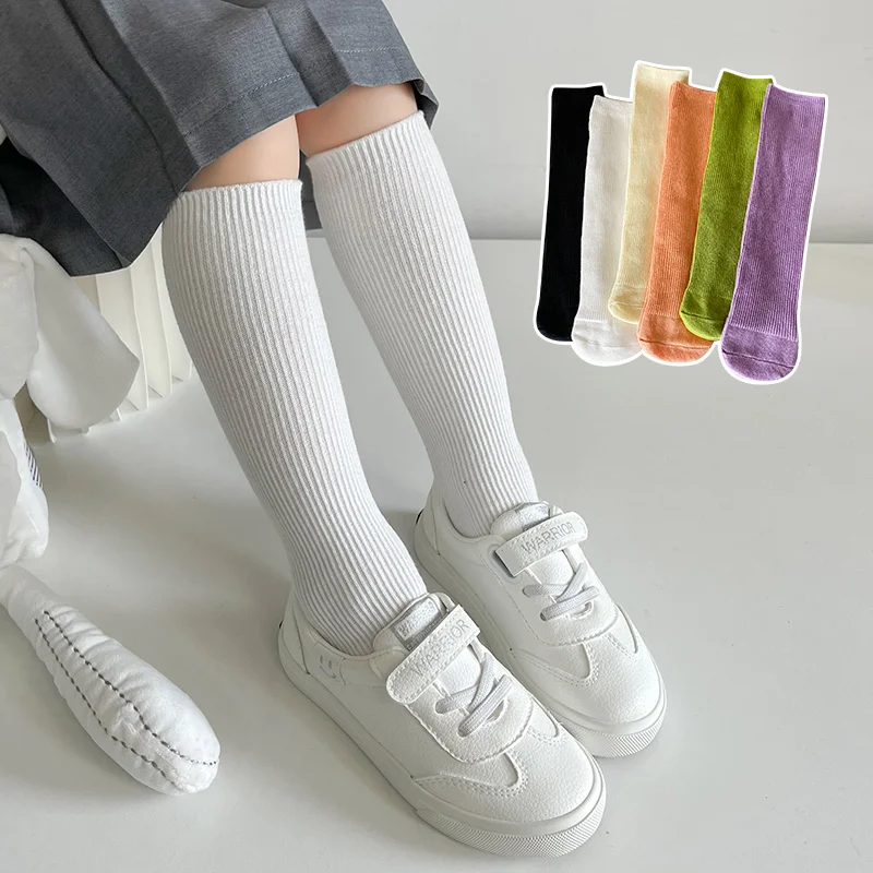Sweet Lovely Girls Candy Color Solid Thin Striped Simple Style Long Knee High Socks Soft Elastic Breathable Kids Basic Stockings