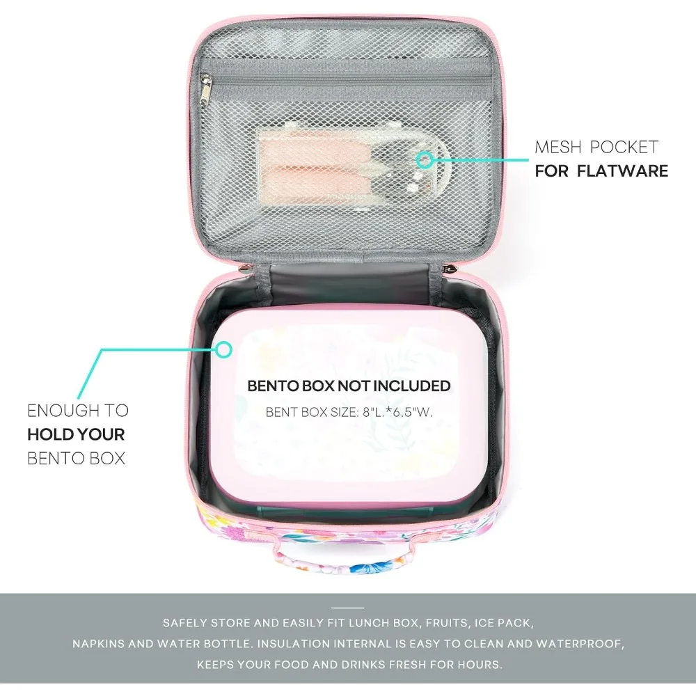 Insulated Lunch Bag for Girls, Reusable Kids Lunch Box with Flower Pink Design, Water-Resistant 900D Polyester, Easy Clean view 3