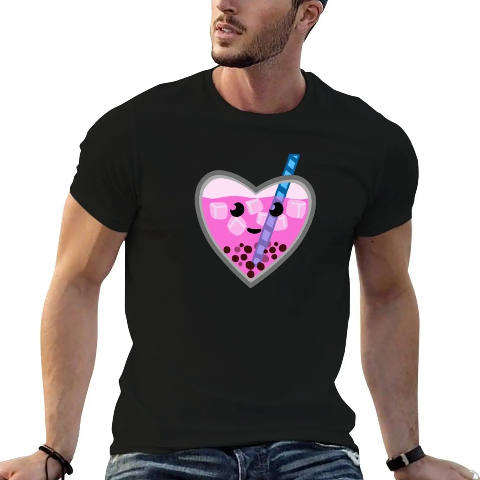 

Pink Bubble Tea Heart on pink T-Shirt anime t shirts for man t shirt man casual t shirts for man cotton soft T-shirt