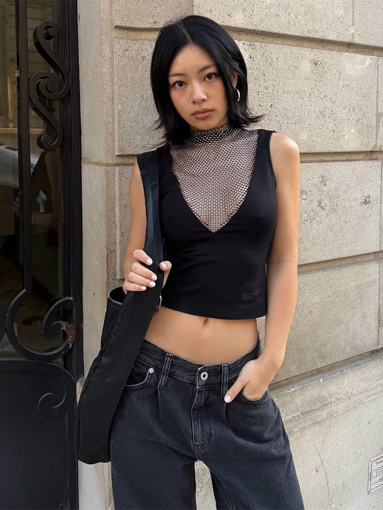 

Cutenew Mesh Silk Patchwork Tank Top Women O-Neck Simple Wild New Style Hottie Sexy Stretch Slim Street Midnight Clubwear