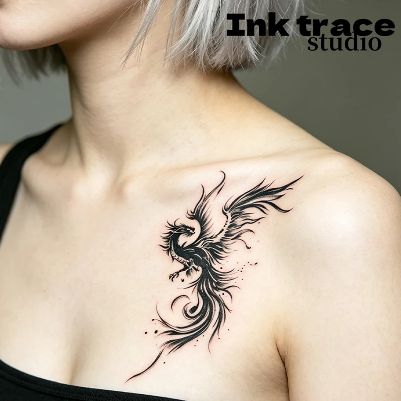 Unisex Black Phoenix Dragon Temporary Tattoo Stickers Waterproof Realistic Body Art for Arms Shoulders