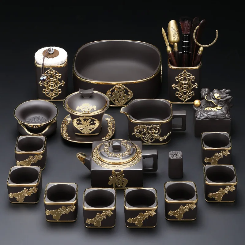 

Intangible Cultural Heritage Gold Inlaid Jade Kung Fu Tea Set Household High-end Gifts Ceramic Zisha Pot Teapot Teacup Special