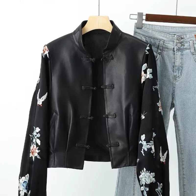 

Chinese Style Embroidery Black PU Leather Jacket 2025 New Spring Autumn Women Short Jacket Office Lady Elegant Retro Coat
