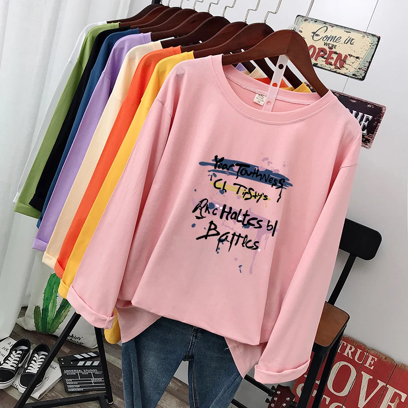 Extra Large Size 240 Pounds White Long Sleeve Women's T-Shirt Loose Fit Pure Cotton Base Shirt Korean Style round Neck Print