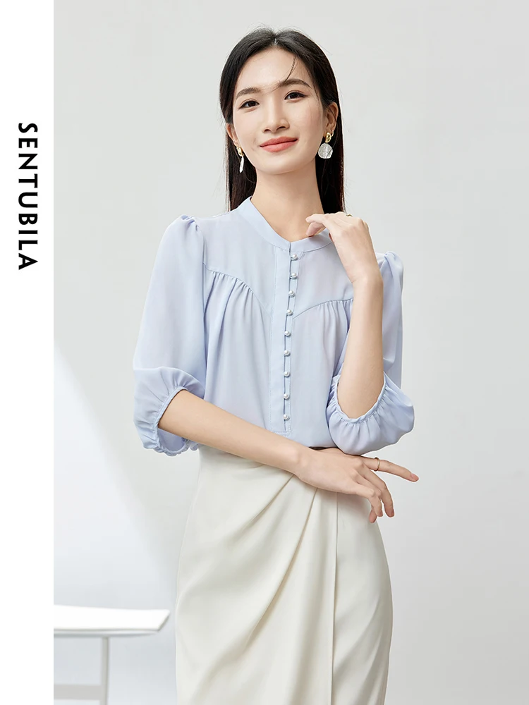 SENTUBILA Blue Chiffon Shirt Female 2024 Summer Commuter Solid Lantern Sleeve Shirts & Blouses Elegant Womens Tops 142C53929X